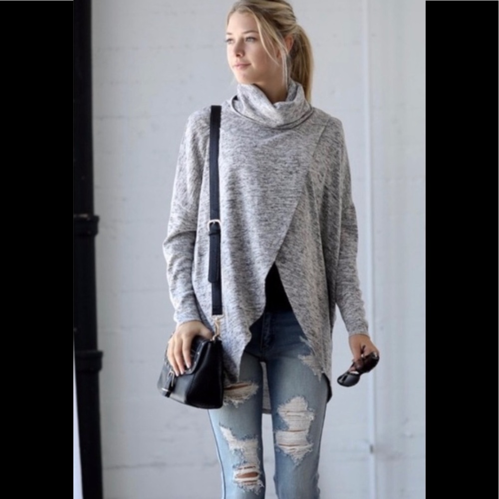 Grey Tunic Long Sleeve Turtle Neck Top